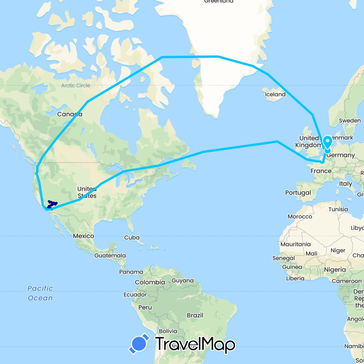 TravelMap itinerary: driving, bus, plane, hiking, flying, uber in France, Netherlands, United States (Europe, North America)