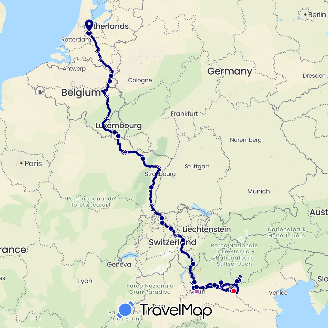 TravelMap itinerary: driving, train, walking in Switzerland, France, Italy, Luxembourg, Netherlands (Europe)