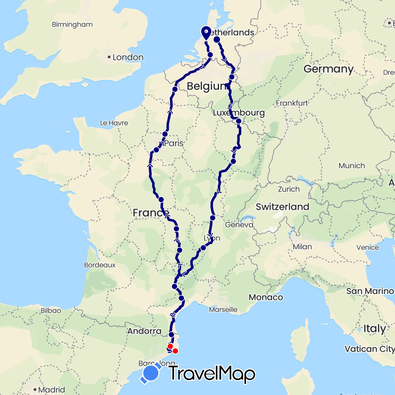 TravelMap itinerary: driving, walking in Spain, France, Luxembourg, Netherlands (Europe)